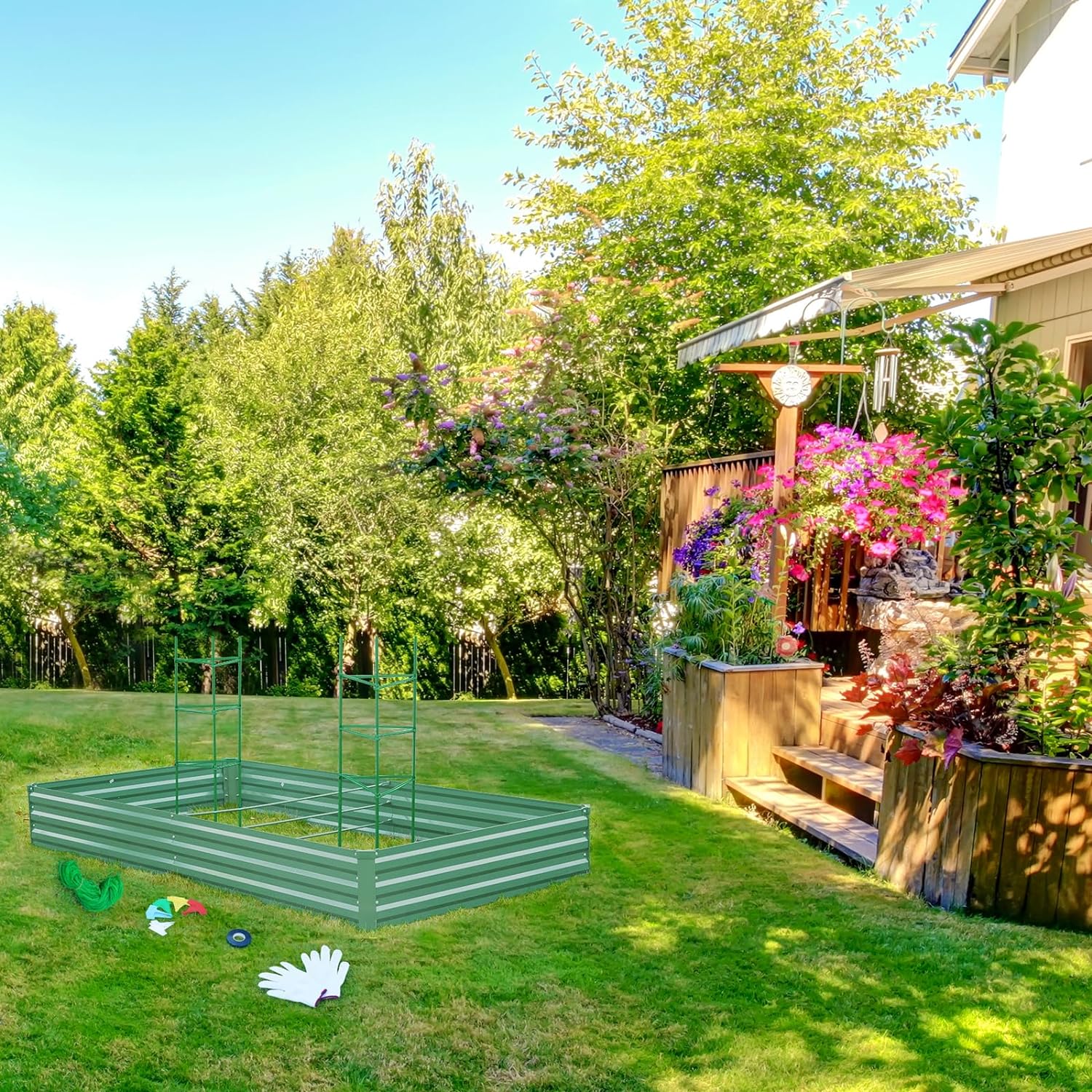 Galvanized Raised Garden Bed for Vegetables Flowers Herbs, Metal Raised Garden Bed Kit with 2 PCS Tomato Cage, Gloves, Trellis Netting, Plant Labels, Plant Ties, Green 6×3×1FT - Image 6